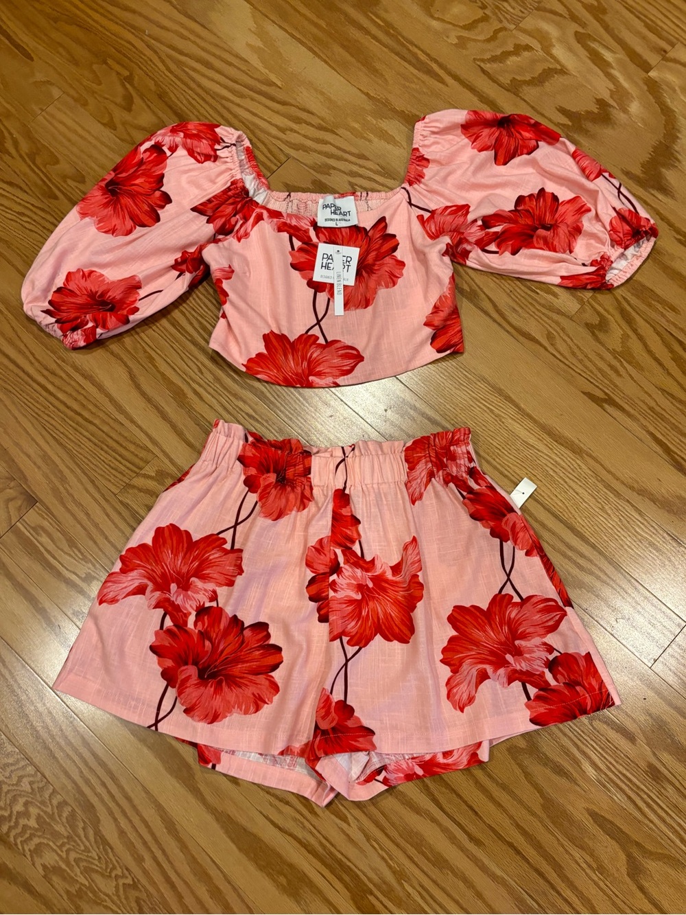 Anthropologie NEW Paper Heart Top Short Set Linen Hibiscus Pink Red Puff Sleeve